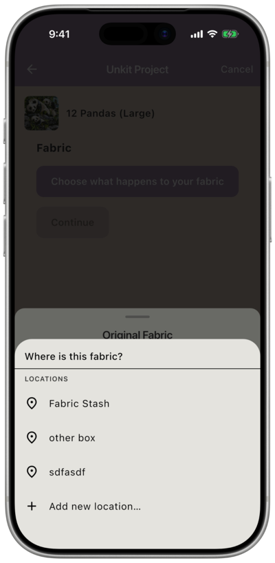 Location picker for the fabric, showing saved locations like Fabric Stash and other box, plus an Add new location option