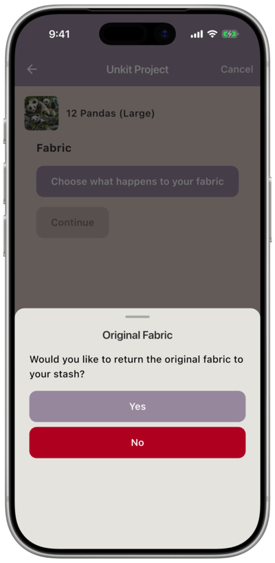 Original Fabric prompt asking whether to return the original fabric to your stash, with Yes and No buttons