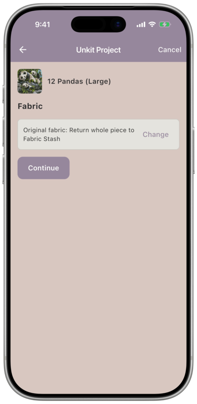 Fabric step showing the summary “Original fabric: Return whole piece to Fabric Stash” with a Change button