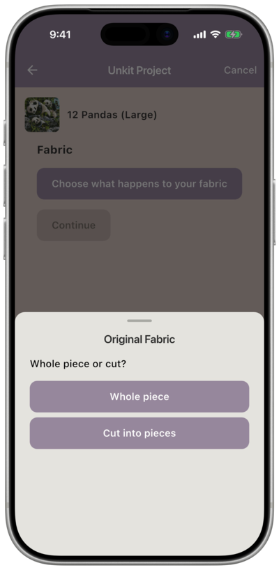 Original Fabric prompt asking whether you’re returning the whole piece or cutting it into pieces