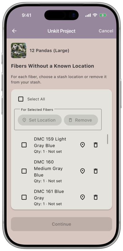 Fibers Without a Known Location screen listing fibers each with a pin icon and trash icon, all showing “Not set” and Continue grayed out