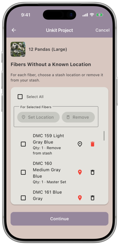 Fibers Without a Known Location screen with some fibers now showing an assigned location and one marked “Remove from stash,” with Continue now active