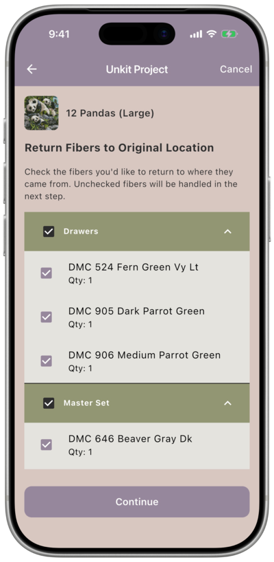 Return Fibers to Original Location screen showing fibers grouped under Drawers and Master Set, all checked by default