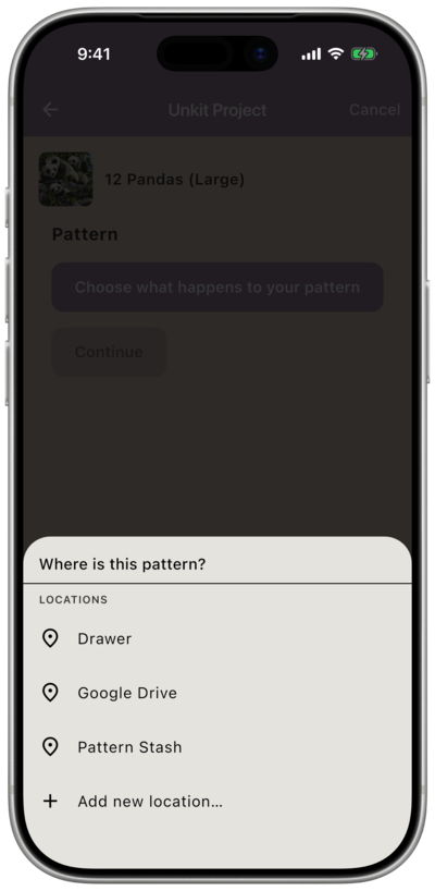Location picker for the pattern, showing saved locations like Drawer, Google Drive, and Pattern Stash, plus an Add new location option