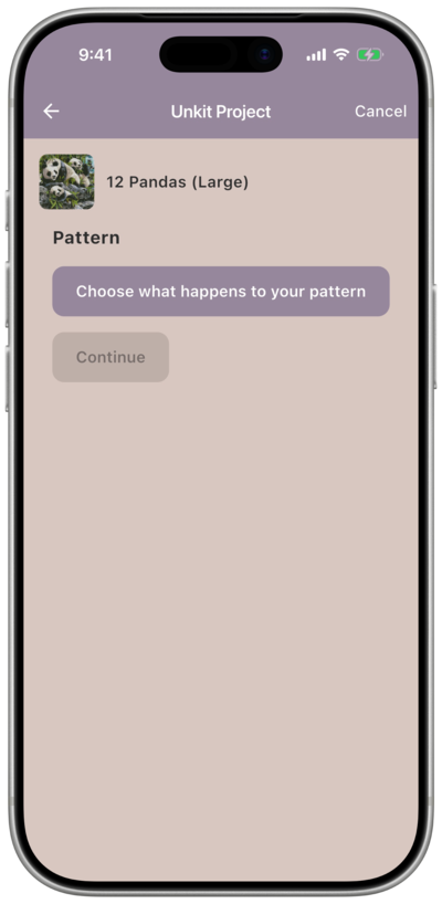 Unkit Project pattern step with the “Choose what happens to your pattern” button and a grayed-out Continue button