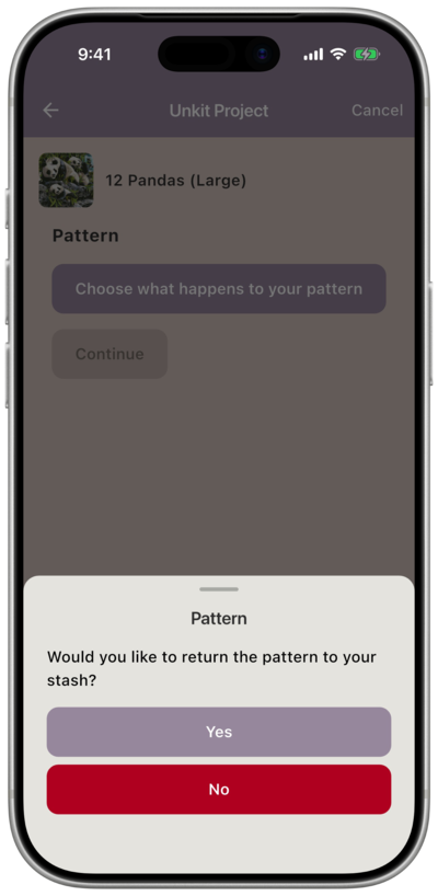 Pattern prompt asking whether to return the pattern to your stash, with Yes and No buttons