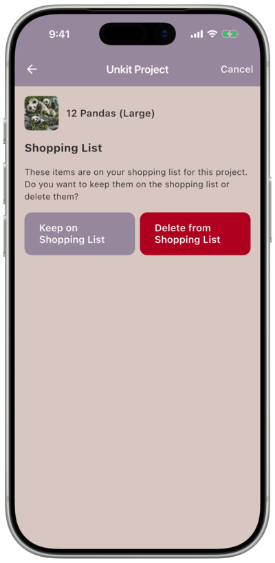 Shopping List step asking what to do with items on the list, with “Keep on Shopping List” and “Delete from Shopping List” buttons